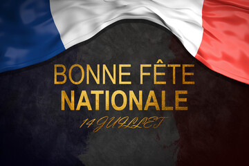 Banner 14 July Bastille day in France, template with french flag, golden stars on dark blue sky background. French national holiday. Waving France flag. Vector. Translation: July 14 Happy National Day