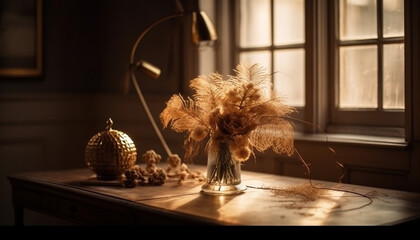 Poster - Rustic elegance: old fashioned wood table with ornate vase generated by AI