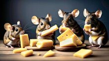 Generative AI Image Of A Group Of Mice Eating Cheese.