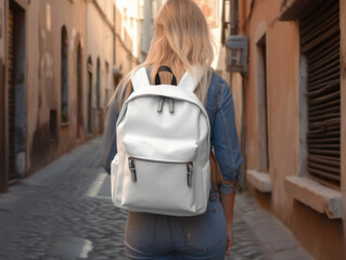 Back view of a young girl with white mockup backpack on her back in a street of old town, ai generative