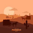 Several Pioneer horse carts in a desert with cactus trees at sunset and bold text to commemorate Pioneer Day on July 24
