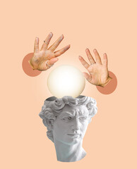 David's head with fortune teller ball above his head and female hands of witch with many rings on  beige background. Magical thinking and belief in the occult concept.