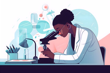 Flat vector illustration medical science laboratory portrait of beautiful black scientist looking under microscope does analysis of test sample ambitious young biotechnology specialist working with ad