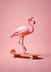 Wall Mural - Pink flamingo riding a skateboard with a minimal pastel background behind him. Creative summer concept. Generative AI.