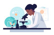 Flat vector illustration medical science laboratory portrait of beautiful black scientist looking under microscope does analysis of test sample ambitious young biotechnology specialist working with ad