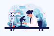 © VIX - Flat vector illustration medical development laboratory caucasian female scientist looking under microscope analyzes petri dish sample specialists working on medicine biotechnology research in advance