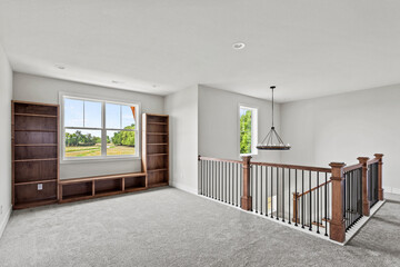 Wall Mural - room with floor, white, empty home with two windows and carpet and ceiling fan