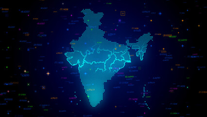 Wall Mural - futuristic blue colorful shiny digital technology hud dots mosaic grid india map light scanning with