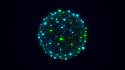 Leinwandbilder - Abstract blue sphere with connecting dots and lines. Wireframe technology sphere. Big data visualization. 3d rendering.