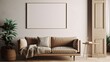 © Eli Berr - Poster frame mockup in brown living room with sofa,armchair and table.3d rendering