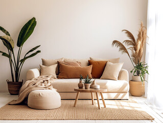 beige velvet sofa with terra cotta cushions between houseplants. wooden round coffee table near otto