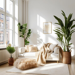 white sofa with wool blanket and fur pillow on rug against of grid window. houseplants on wooden flo