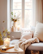 © Vadim Andrushchenko - Stylish and cozy reading nook. Bench with cushions and knitted blanket against window. Hygge interior design of modern living room. Created with generative AI