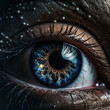 Realistic human eye with reflection of galaxy illustration. Ai generated