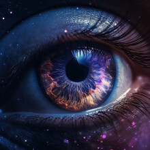 Realistic Human Eye With Reflection Of Galaxy Illustration. Ai Generated