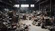 Desolate factory abandoned, decayed, and forgotten. Haunting remains of industrial past. Warehouse full of scrap material unused parts.