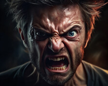 Furious Angry Violent White Caucasian Man Raging Into The Camera. Portrait Head Shot. Generative Ai.