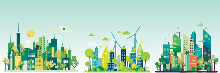 Wall Mural - Abstract flat vector illustration of green eco city.