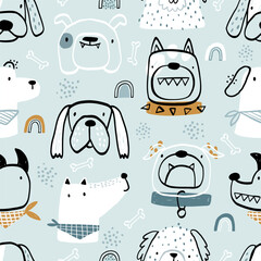 Wall Mural - Vector hand-drawn color seamless repeating childish simple pattern with cute dogs, rainbows, bones in Scandinavian style on a mint background. Children's texture with dogs. Dogs print. Pets.