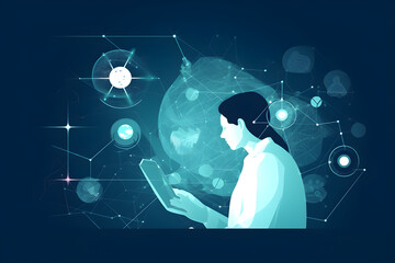 Wall Mural - Flat vector illustration healthcare technology medicine doctor touching digital global network of medical data exchange digital healthcare on social network connection with hologram modern interface f