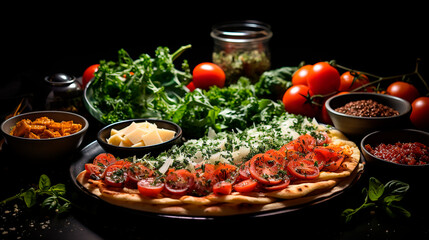 Italian food fresh in dishes Pizza, ravioli, carpaccio, caprese salad and tomato bruschetta basilica full table restaurant Italy lifestyle antipasti