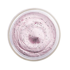 Closeup pink texture rich creamy smoothing shower and bath cream scrub with organic particles and oils for gentle exfoliation and nourishment, in glass jar, isolated on transparent background. 