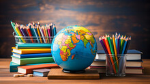 A School Table With Pencils, Colored Pencils, A World Ball, School Books And In The Background An Out-of-focus Blackboard. Primary Education And Back To School.