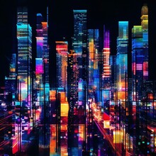 Abstract Futuristic City Background With Neon Lights, 3d Render Illustration