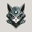 Cyber cat portrait. Robot catoon style animal head logo or icon design.