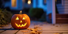Jack-o-lantern Carved Pumpkin On Porch At Night For Halloween, Created With Generative AI