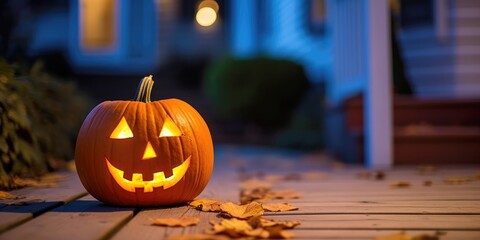 jack-o-lantern carved pumpkin on porch at night for halloween, created with generative ai