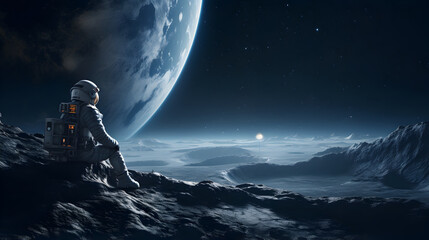 spaceman or astronaut on the surface of moon. ai generated.