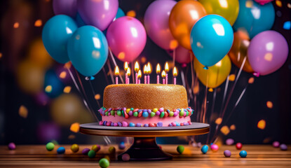 a birthday cake in front of balloons, colorfull, close up