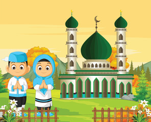 Wall Mural - kids with mosque background