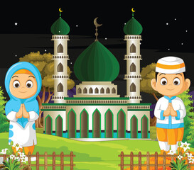 Wall Mural - kids with mosque background