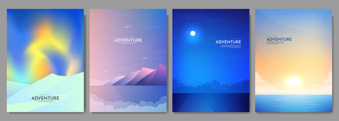 Wall Mural - Vector illustration. A set of poster landscapes. Geometric minimalist flat style. Aurora borealis, evening by water, night with moon reflection in water, sunset by river. Design for cover, layout