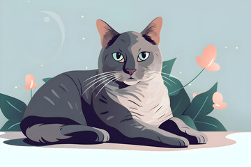  Flat vector illustration grey cat lying on be 