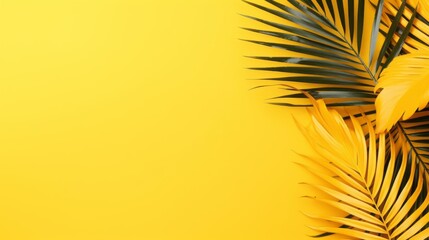 Inviting Summer Aura, Aesthetic Tropical Palm Leaves Composing a Minimalist Backdrop on Yellow, Copy Space Available, generative ai.