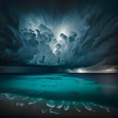 a dreamlike photograph of an epic rain cloud raining down over the ocean at blue hour taken from a h