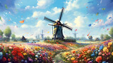 Illustration of a beautiful rural landscape with windmills