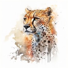 Cheetah Drawn With Watercolors Isolated On White Background. Generated By AI.