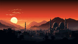 Fototapeta  - Arabian cityscape. Sunset town scenery. Old arabian cityscape. Horizontal illustration of big arab city at sunset. Vector illustration EPS10