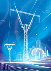 Wall Mural - High voltage transmission systems. Power lines. Night illumination city. Neon glow landscape. Business town center at background. White outlines on blue background. Vector design art