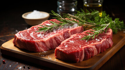 photorealism of Two raw rib eye steak on a wooden Board on a table prepared for the grill,ai generater.