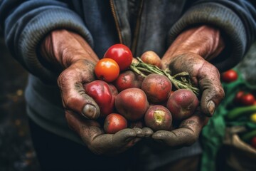 A close-up shot of a farmer's weathered hands holding a handful of fresh, organic produce, emphasizing the connection between the farmer and the quality of the food. Generative AI