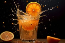 A Refreshing Splash Of Orange Juice Caught Mid-air, Conveying The Invigorating And Energizing Nature Of The Drink. Generative Ai