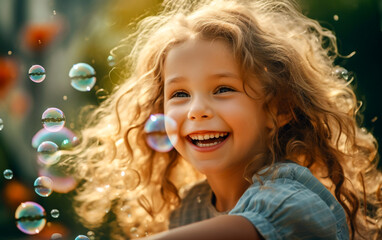 A cute and smiling child blows soap bubbles. Happy and smiling