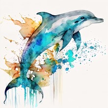 Dolphin Drawn With Watercolors Isolated On White Background. Generated By AI.