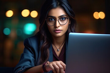 Portrait of happy beautiful indian woman using handphone and computer at office, creative working