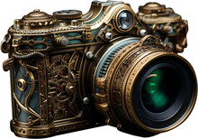 A Steampunk-inspired Camera With Intricate Brass Gears And Vintage Detailing, Capturing The Essence Of Victorian Technology And Aesthetic